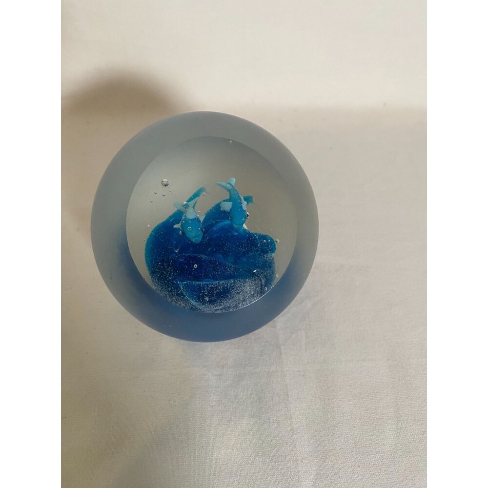 Two Dolphins inside Frosted glass paperweight